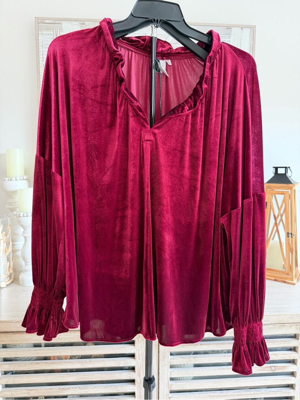 Crimson Velvet Ruffle-Trim Blouse - Women